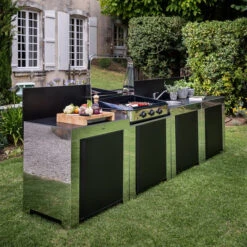 Modulo Evier - Coloris Inox Et Noir - Pour Cuisine D'extérieur ENO -Le Monde du Barbecue Soldes Boutique modulo inox noir plancha cuisine exterieur eno ambiance 1 min 2